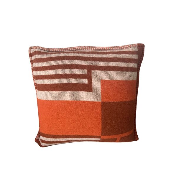 Hermes Paris Orange & Brown Geometric Wool & Cashmere Pillow Cover - Picture 2 of 5